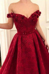 Beautiful Red Off-the-shoulder A-line Lace Prom Dress With Ruffles